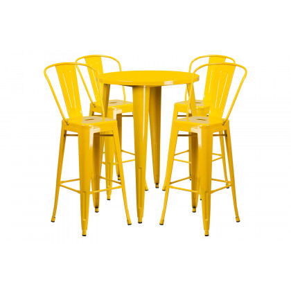 BLNK Callum Commercial Round Metal Indoor-Outdoor Bar Table Set with 4 Cafe Stools - Yellow