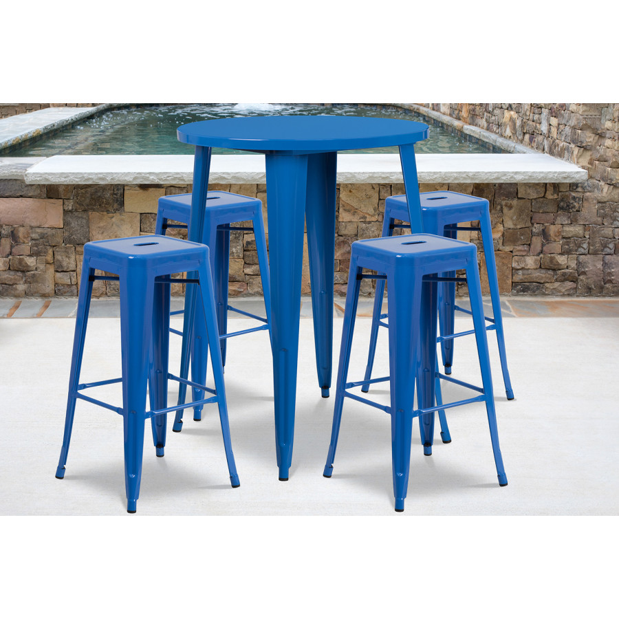 BLNK Coby Commercial Round Metal Indoor-Outdoor Bar Table Set with 4 Square Seat Backless Stools - Blue