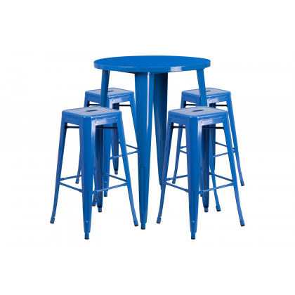 BLNK Coby Commercial Round Metal Indoor-Outdoor Bar Table Set with 4 Square Seat Backless Stools - Blue