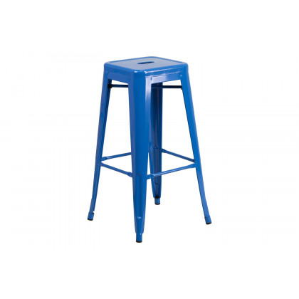 BLNK Coby Commercial Round Metal Indoor-Outdoor Bar Table Set with 4 Square Seat Backless Stools - Blue