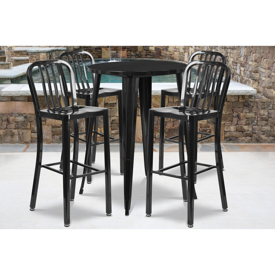 BLNK Tristan Commercial Round Metal Indoor-Outdoor Bar Table Set with 4 Vertical Slat Back Stools - Black