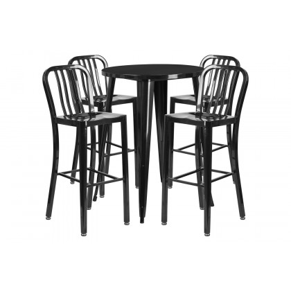 BLNK Tristan Commercial Round Metal Indoor-Outdoor Bar Table Set with 4 Vertical Slat Back Stools - Black