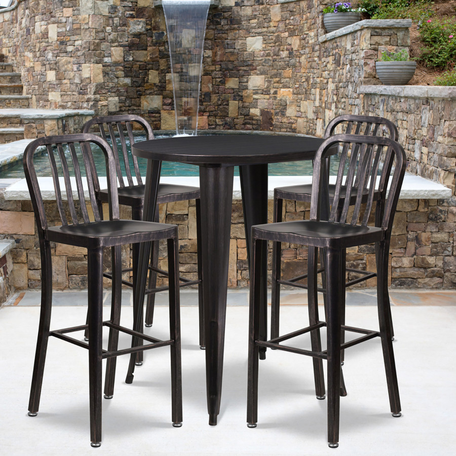 BLNK Tristan Commercial Round Metal Indoor-Outdoor Bar Table Set with 4 Vertical Slat Back Stools - Black/Antique Gold