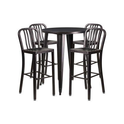 BLNK Tristan Commercial Round Metal Indoor-Outdoor Bar Table Set with 4 Vertical Slat Back Stools - Black/Antique Gold