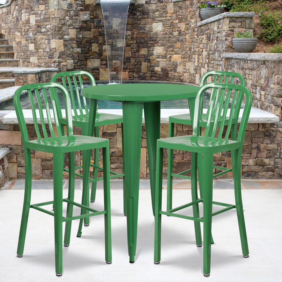 BLNK Tristan Commercial Round Metal Indoor-Outdoor Bar Table Set with 4 Vertical Slat Back Stools - Green
