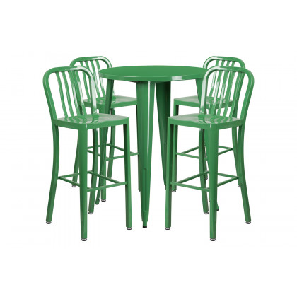 BLNK Tristan Commercial Round Metal Indoor-Outdoor Bar Table Set with 4 Vertical Slat Back Stools - Green