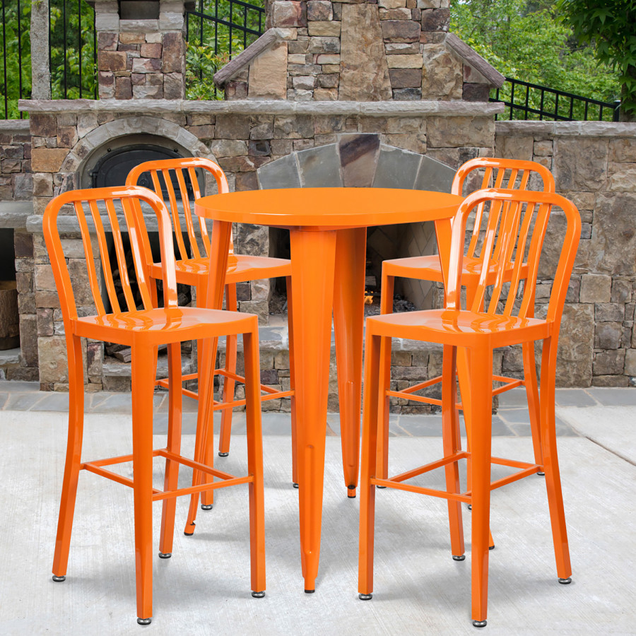 BLNK Tristan Commercial Round Metal Indoor-Outdoor Bar Table Set with 4 Vertical Slat Back Stools - Orange