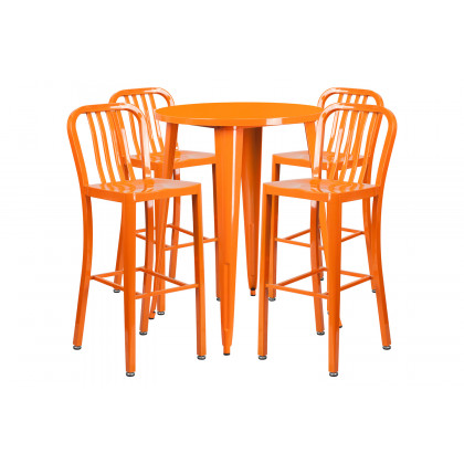BLNK Tristan Commercial Round Metal Indoor-Outdoor Bar Table Set with 4 Vertical Slat Back Stools - Orange