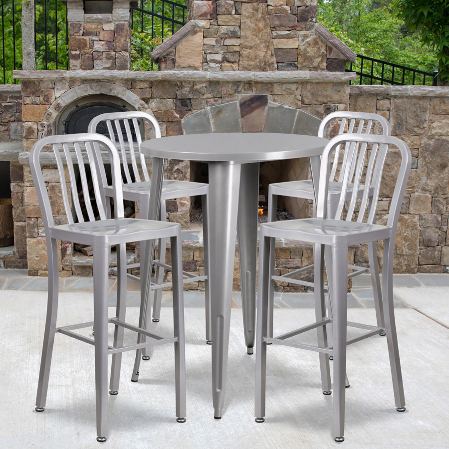 BLNK Tristan Commercial Round Metal Indoor-Outdoor Bar Table Set with 4 Vertical Slat Back Stools - Silver