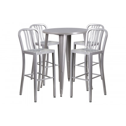 BLNK Tristan Commercial Round Metal Indoor-Outdoor Bar Table Set with 4 Vertical Slat Back Stools - Silver