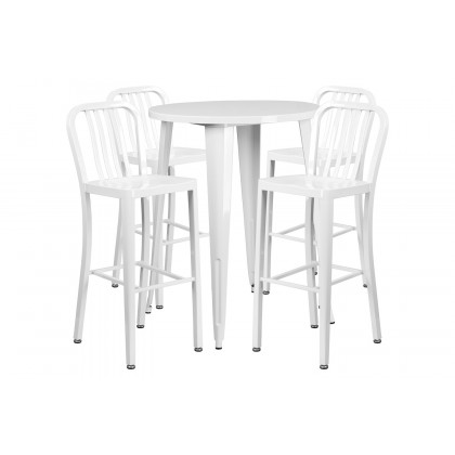 BLNK Tristan Commercial Round Metal Indoor-Outdoor Bar Table Set with 4 Vertical Slat Back Stools - White