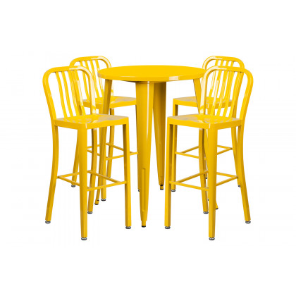 BLNK Tristan Commercial Round Metal Indoor-Outdoor Bar Table Set with 4 Vertical Slat Back Stools - Yellow