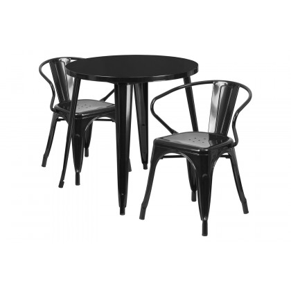 BLNK Conrad Commercial Round Metal Indoor-Outdoor Table Set with 2 Arm Chairs - Black