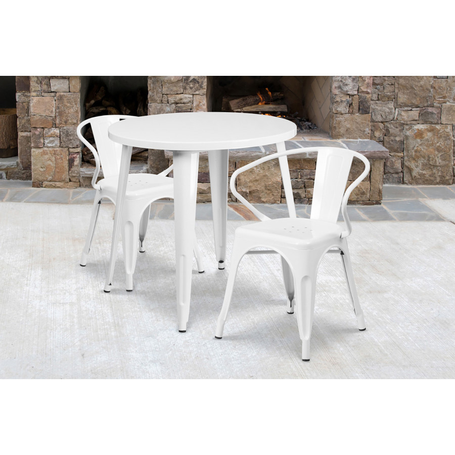 BLNK - Conrad Commercial Round Metal Indoor-Outdoor Table Set with 2 Arm Chairs
