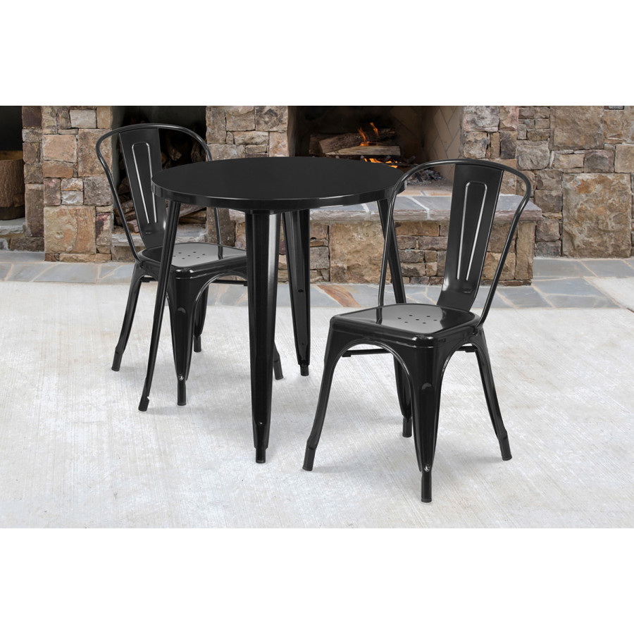 BLNK Baker Commercial Round Metal Indoor-Outdoor Table Set with 2 Cafe Chairs - Black