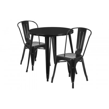 BLNK Baker Commercial Round Metal Indoor-Outdoor Table Set with 2 Cafe Chairs - Black