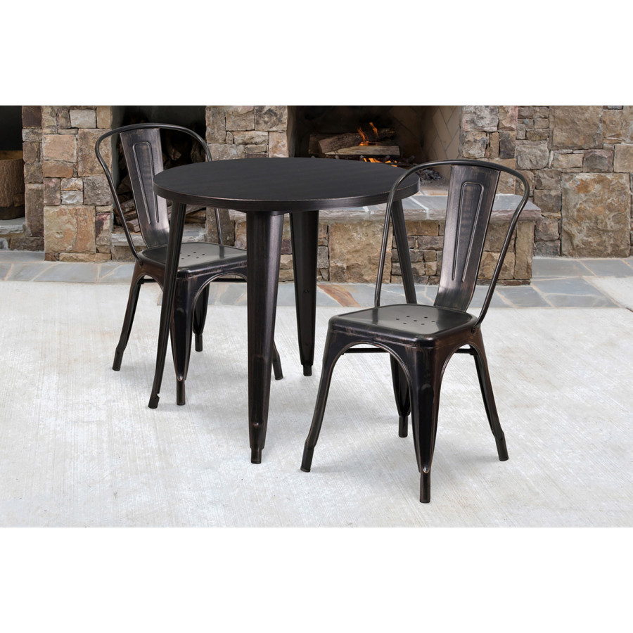 BLNK Baker Commercial Round Metal Indoor-Outdoor Table Set with 2 Cafe Chairs - Black/Antique