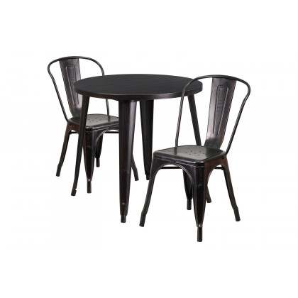 BLNK Baker Commercial Round Metal Indoor-Outdoor Table Set with 2 Cafe Chairs - Black/Antique