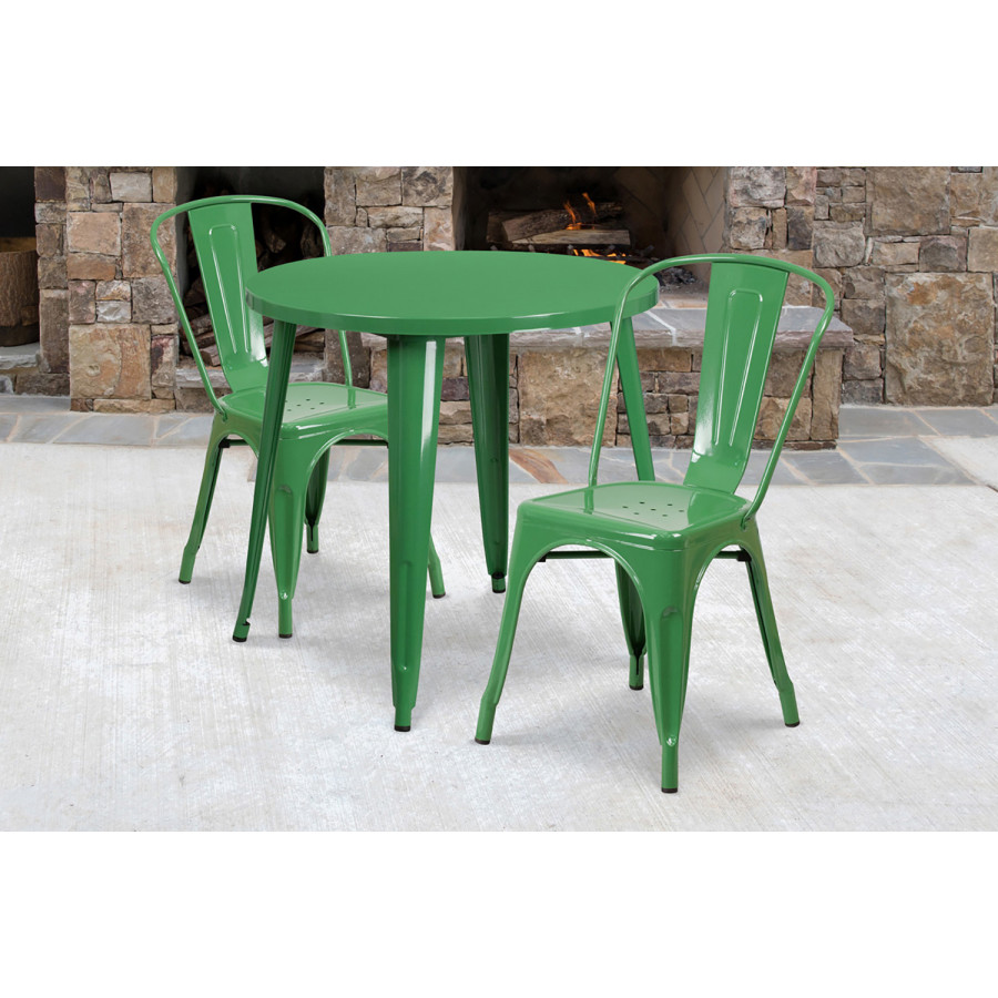 BLNK Baker Commercial Round Metal Indoor-Outdoor Table Set with 2 Cafe Chairs - Green