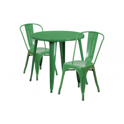 BLNK Baker Commercial Round Metal Indoor-Outdoor Table Set with 2 Cafe Chairs - Green