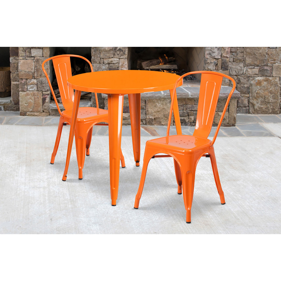 BLNK Baker Commercial Round Metal Indoor-Outdoor Table Set with 2 Cafe Chairs - Orange