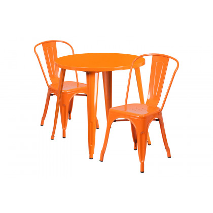 BLNK Baker Commercial Round Metal Indoor-Outdoor Table Set with 2 Cafe Chairs - Orange
