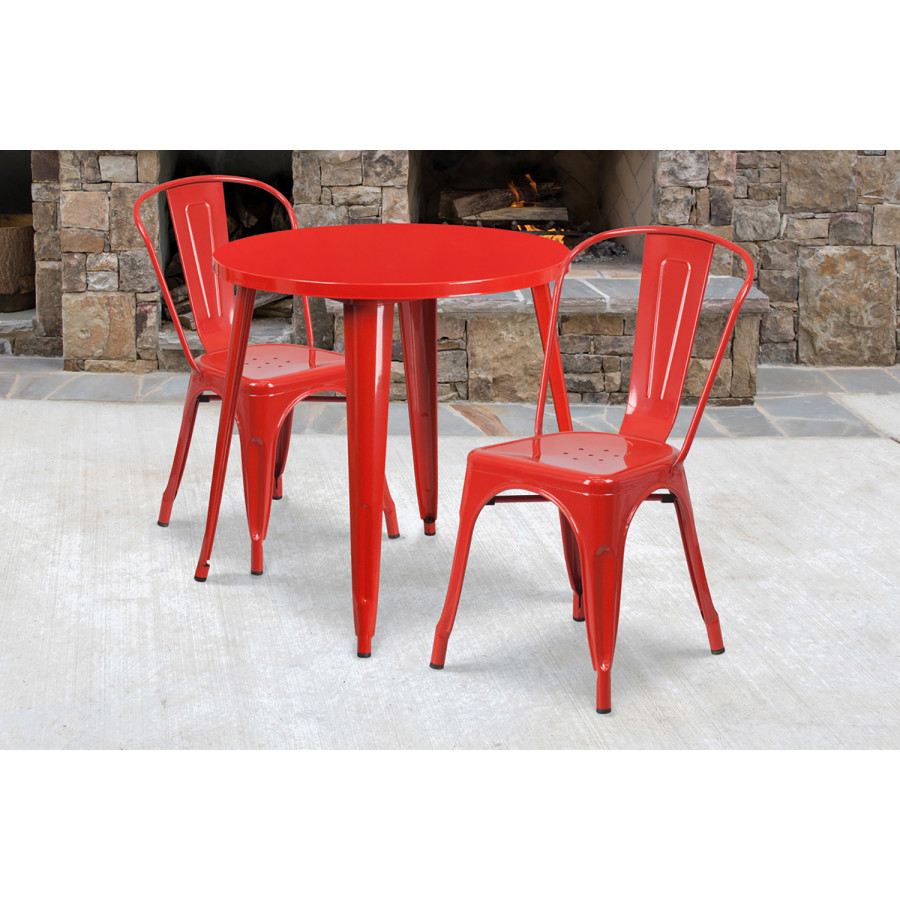 BLNK Baker Commercial Round Metal Indoor-Outdoor Table Set with 2 Cafe Chairs - Red