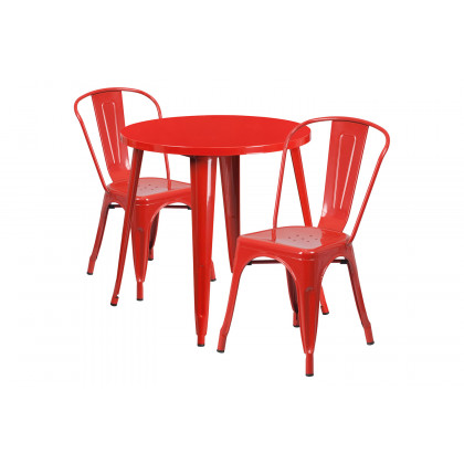 BLNK Baker Commercial Round Metal Indoor-Outdoor Table Set with 2 Cafe Chairs - Red