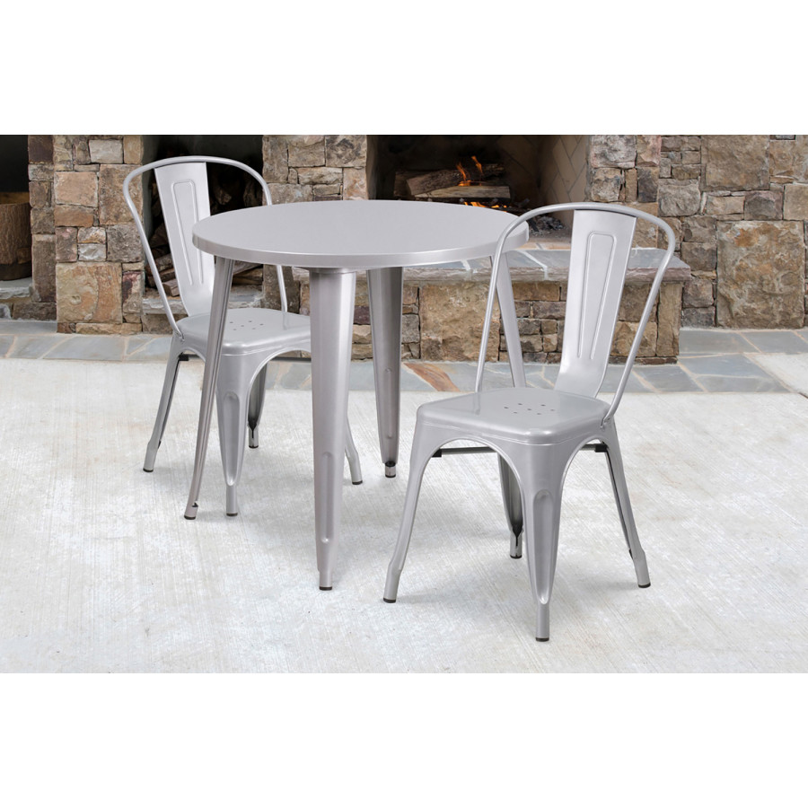 BLNK Baker Commercial Round Metal Indoor-Outdoor Table Set with 2 Cafe Chairs - Silver