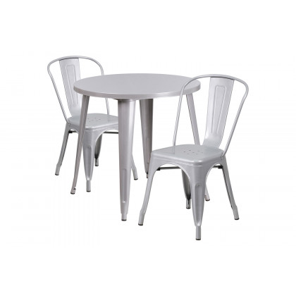 BLNK Baker Commercial Round Metal Indoor-Outdoor Table Set with 2 Cafe Chairs - Silver