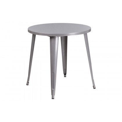 BLNK Baker Commercial Round Metal Indoor-Outdoor Table Set with 2 Cafe Chairs - Silver