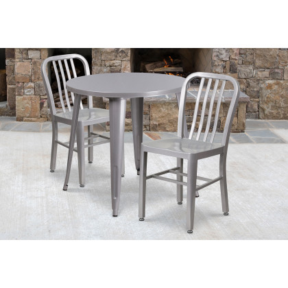 BLNK - Craig Commercial Round Metal Indoor-Outdoor Table Set with 2 Vertical Slat Back Chairs