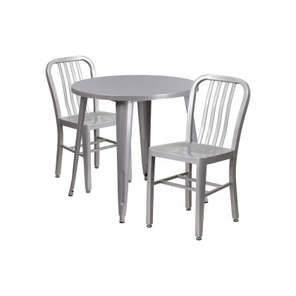 BLNK Craig Commercial Round Metal Indoor-Outdoor Table Set with 2 Vertical Slat Back Chairs - Silver