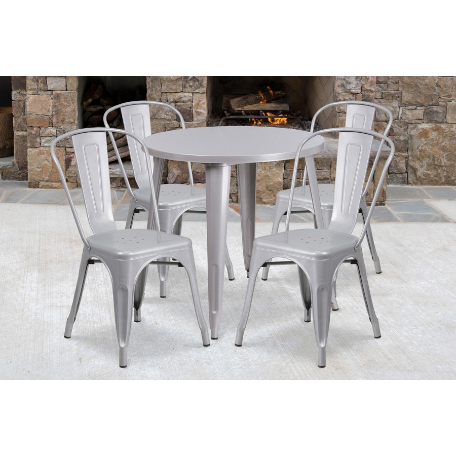 BLNK Dalton Commercial Round Metal Indoor-Outdoor Table Set with 4 Cafe Chairs - Silver