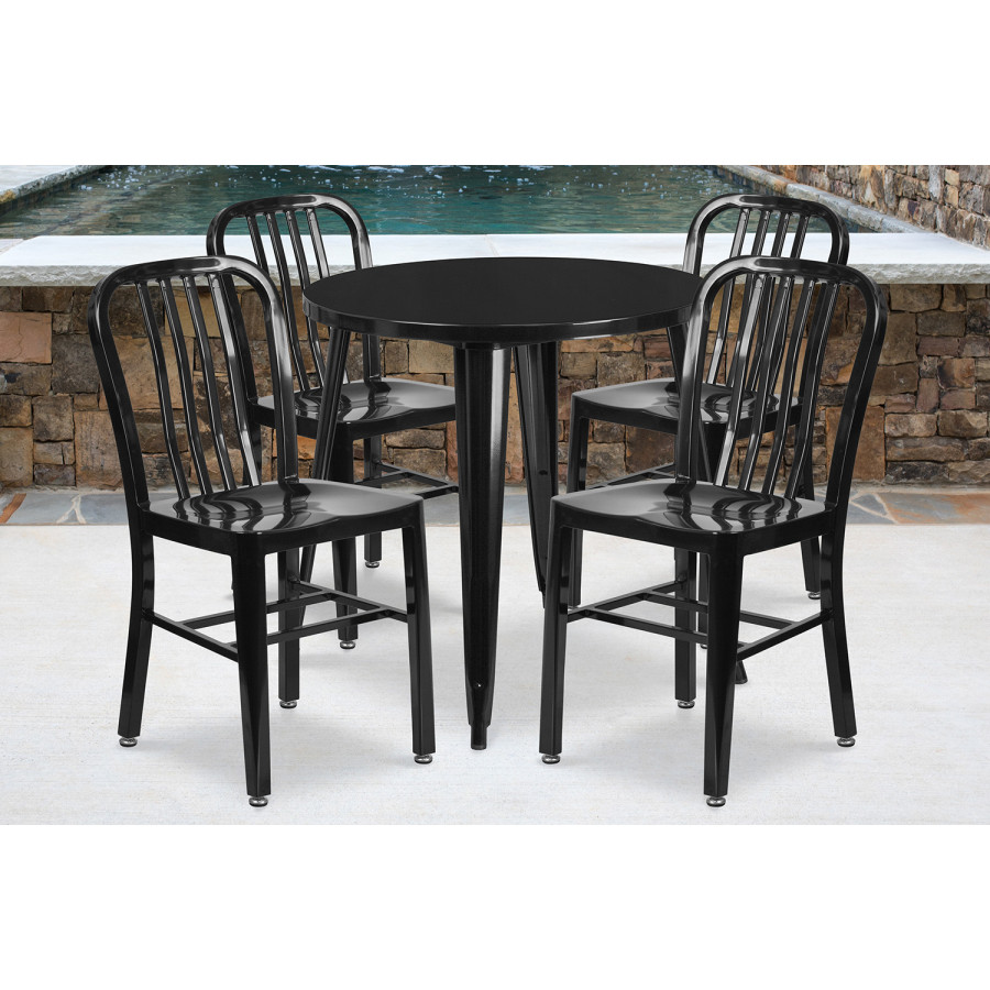 BLNK Chad Commercial Round Metal Indoor-Outdoor Table Set with 4 Vertical Slat Back Chairs - Black