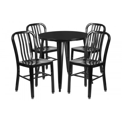 BLNK Chad Commercial Round Metal Indoor-Outdoor Table Set with 4 Vertical Slat Back Chairs - Black