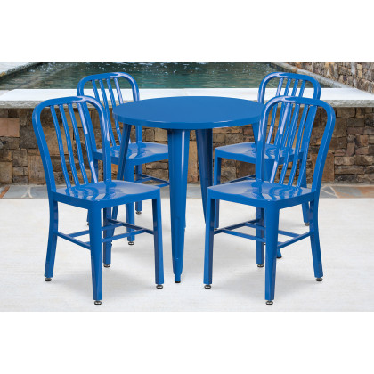 BLNK - Chad Commercial Round Metal Indoor-Outdoor Table Set with 4 Vertical Slat Back Chairs