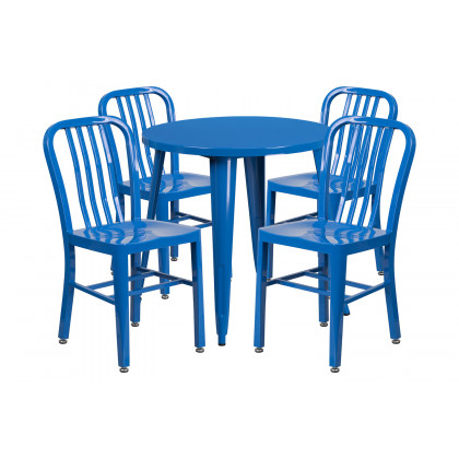 BLNK Chad Commercial Round Metal Indoor-Outdoor Table Set with 4 Vertical Slat Back Chairs - Blue