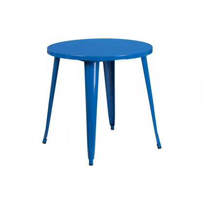 BLNK Chad Commercial Round Metal Indoor-Outdoor Table Set with 4 Vertical Slat Back Chairs - Blue
