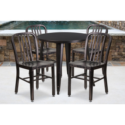 BLNK - Chad Commercial Round Metal Indoor-Outdoor Table Set with 4 Vertical Slat Back Chairs