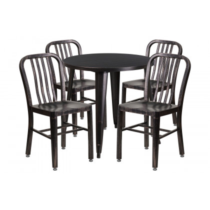 BLNK Chad Commercial Round Metal Indoor-Outdoor Table Set with 4 Vertical Slat Back Chairs - Black/Antique Gold