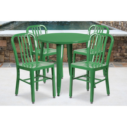 BLNK - Chad Commercial Round Metal Indoor-Outdoor Table Set with 4 Vertical Slat Back Chairs