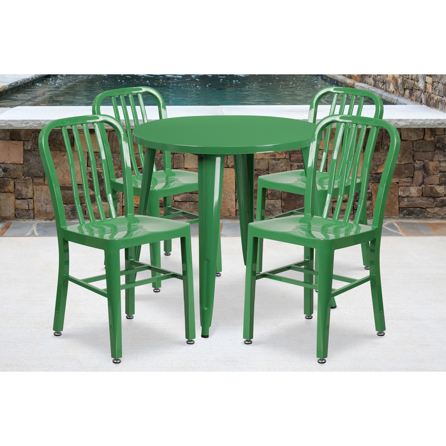 BLNK Chad Commercial Round Metal Indoor-Outdoor Table Set with 4 Vertical Slat Back Chairs - Green