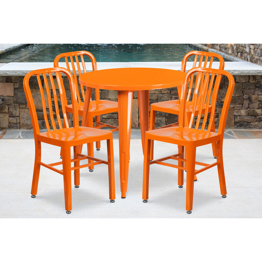 BLNK - Chad Commercial Round Metal Indoor-Outdoor Table Set with 4 Vertical Slat Back Chairs