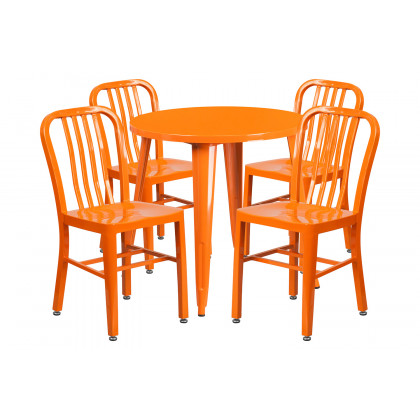 BLNK - Chad Commercial Round Metal Indoor-Outdoor Table Set with 4 Vertical Slat Back Chairs