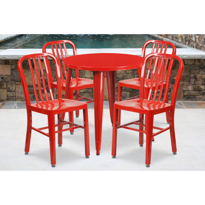 BLNK - Chad Commercial Round Metal Indoor-Outdoor Table Set with 4 Vertical Slat Back Chairs
