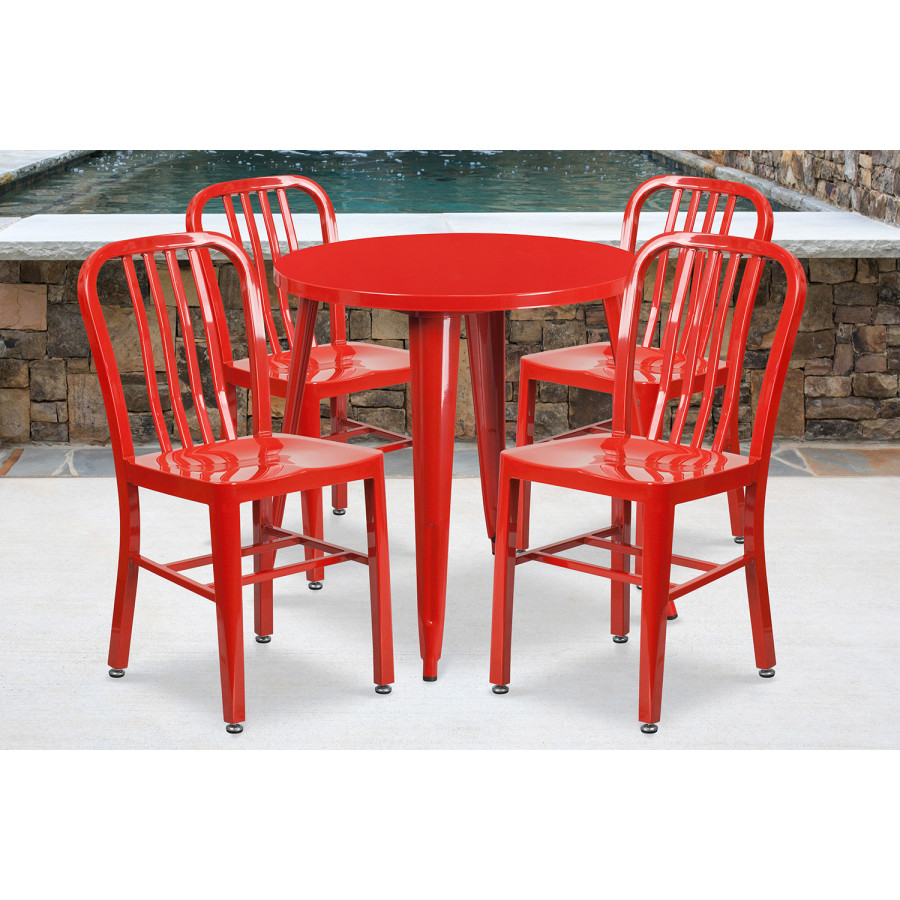 BLNK Chad Commercial Round Metal Indoor-Outdoor Table Set with 4 Vertical Slat Back Chairs - Red
