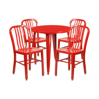 BLNK Chad Commercial Round Metal Indoor-Outdoor Table Set with 4 Vertical Slat Back Chairs - Red