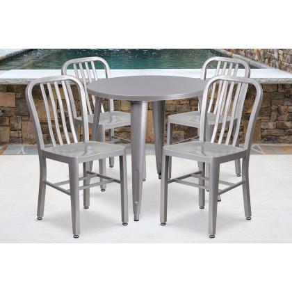 BLNK - Chad Commercial Round Metal Indoor-Outdoor Table Set with 4 Vertical Slat Back Chairs