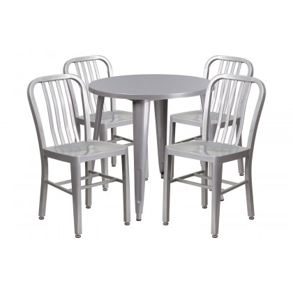 BLNK Chad Commercial Round Metal Indoor-Outdoor Table Set with 4 Vertical Slat Back Chairs - Silver